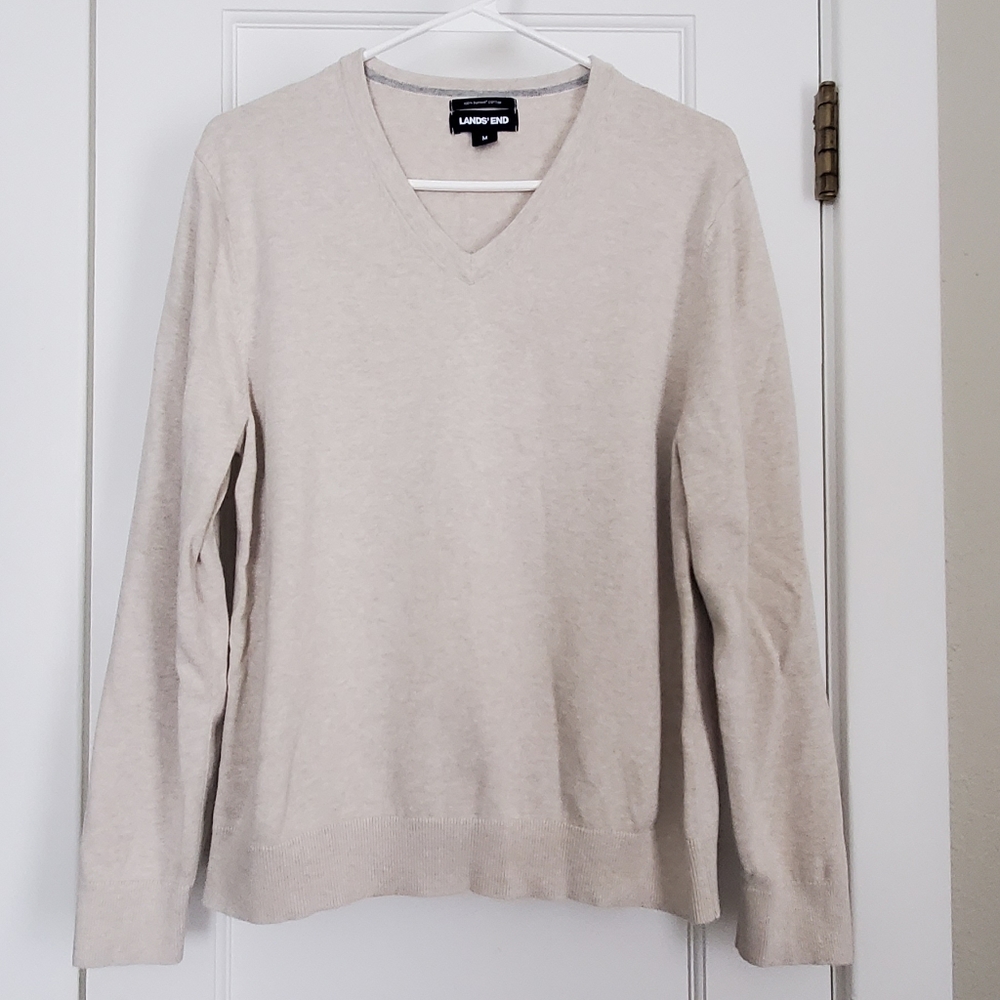 LAND'S END V-neck long sleeve sweater off-white Supima Cotton pullover